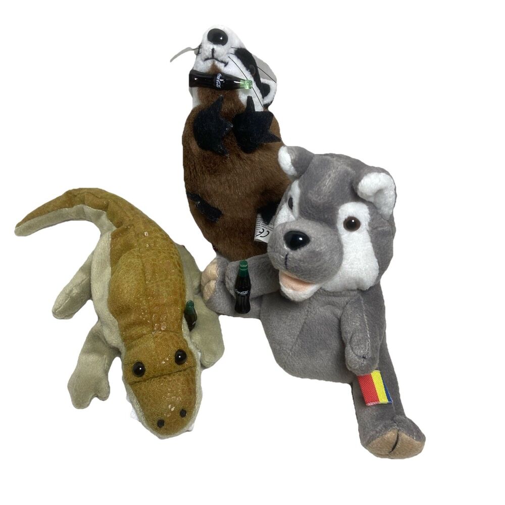Vtg 1999 Coca-Cola Plush Animals Holding Bottles Lot of 3 Husky Alligator Beaver
